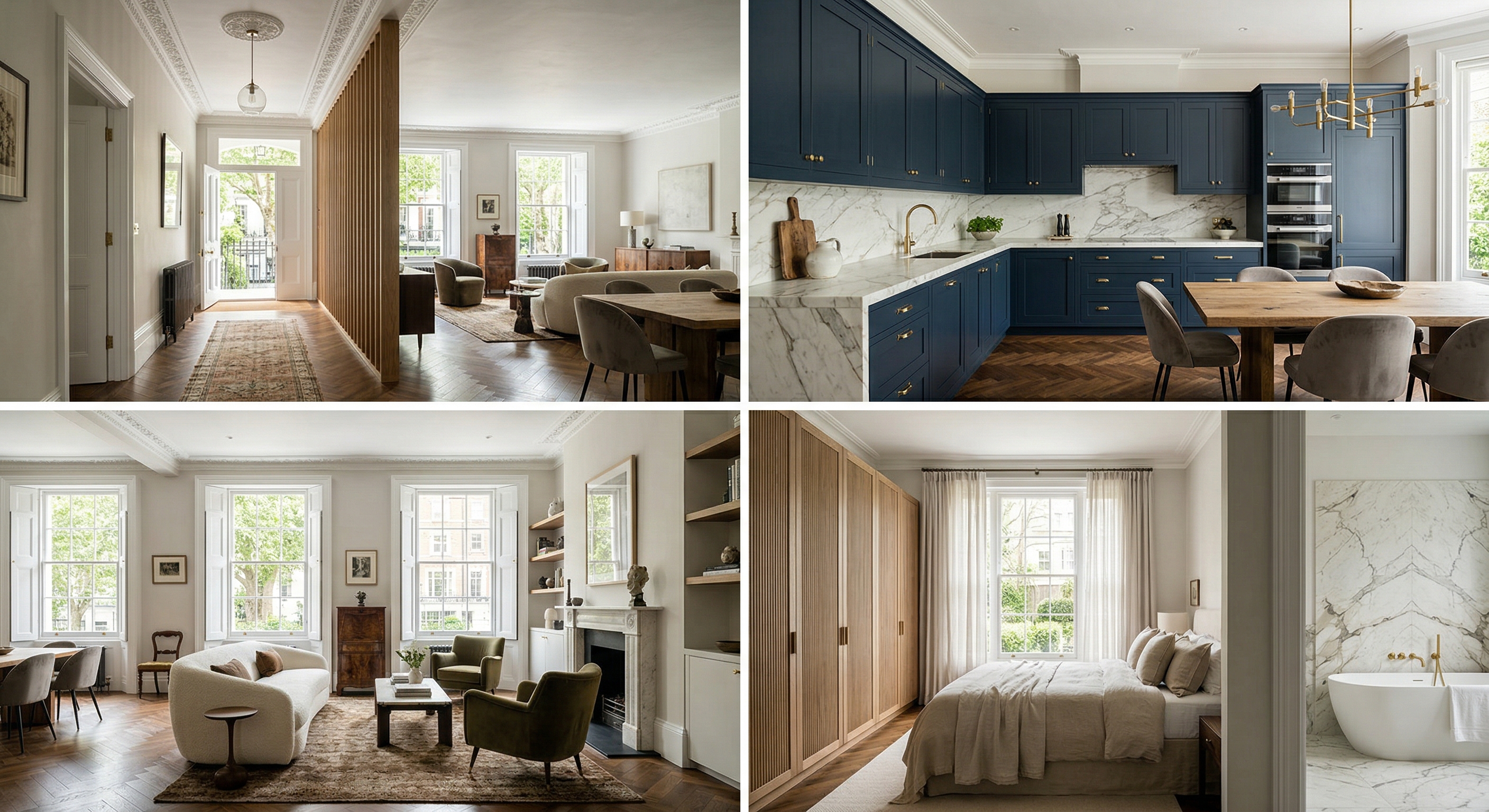 Royal Court House Sloane Street full renovation with bespoke joinery, kitchen, bedroom and marble bathroom